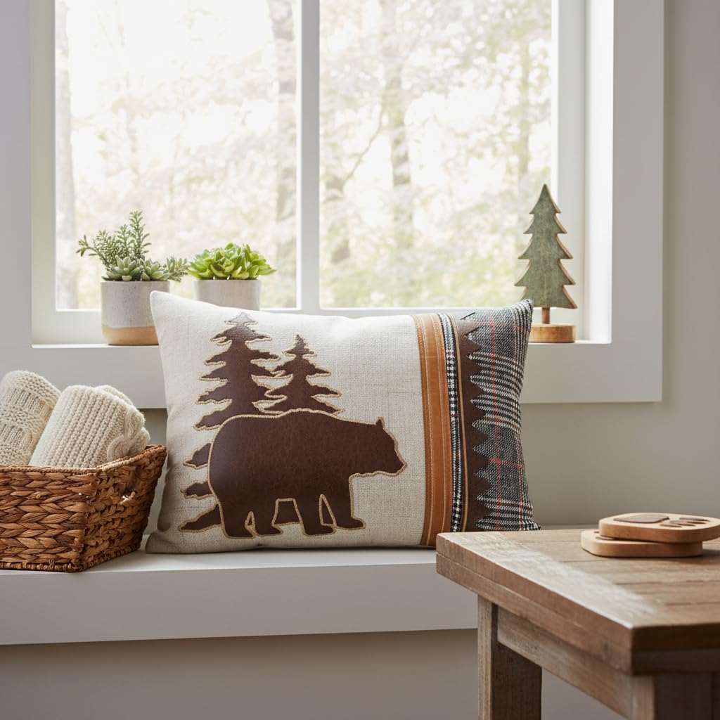 18 x 13 Inch Bear Pillow, Plaid Cabin Lumbar Throw Pillow