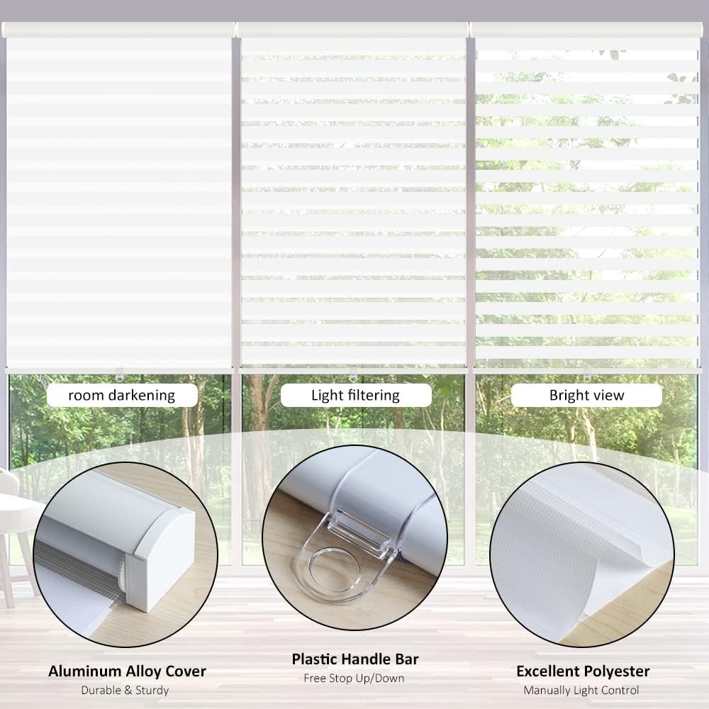 Cordless Zebra Blinds Roller Shades for Window-Dual Layer Sheer Blinds Light Control with Valance Day Night Privacy