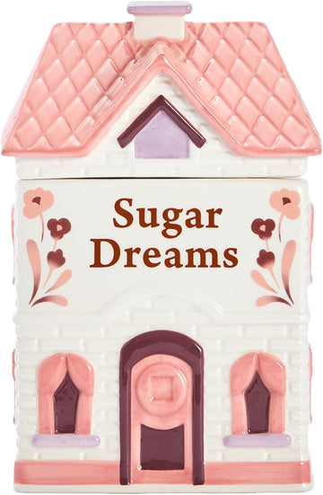 Spice Cottages 7.5-Inch Pink Ceramic Cookie Jar, Hand-Painted House-Shaped Airtight Container for Cookies, Treats &