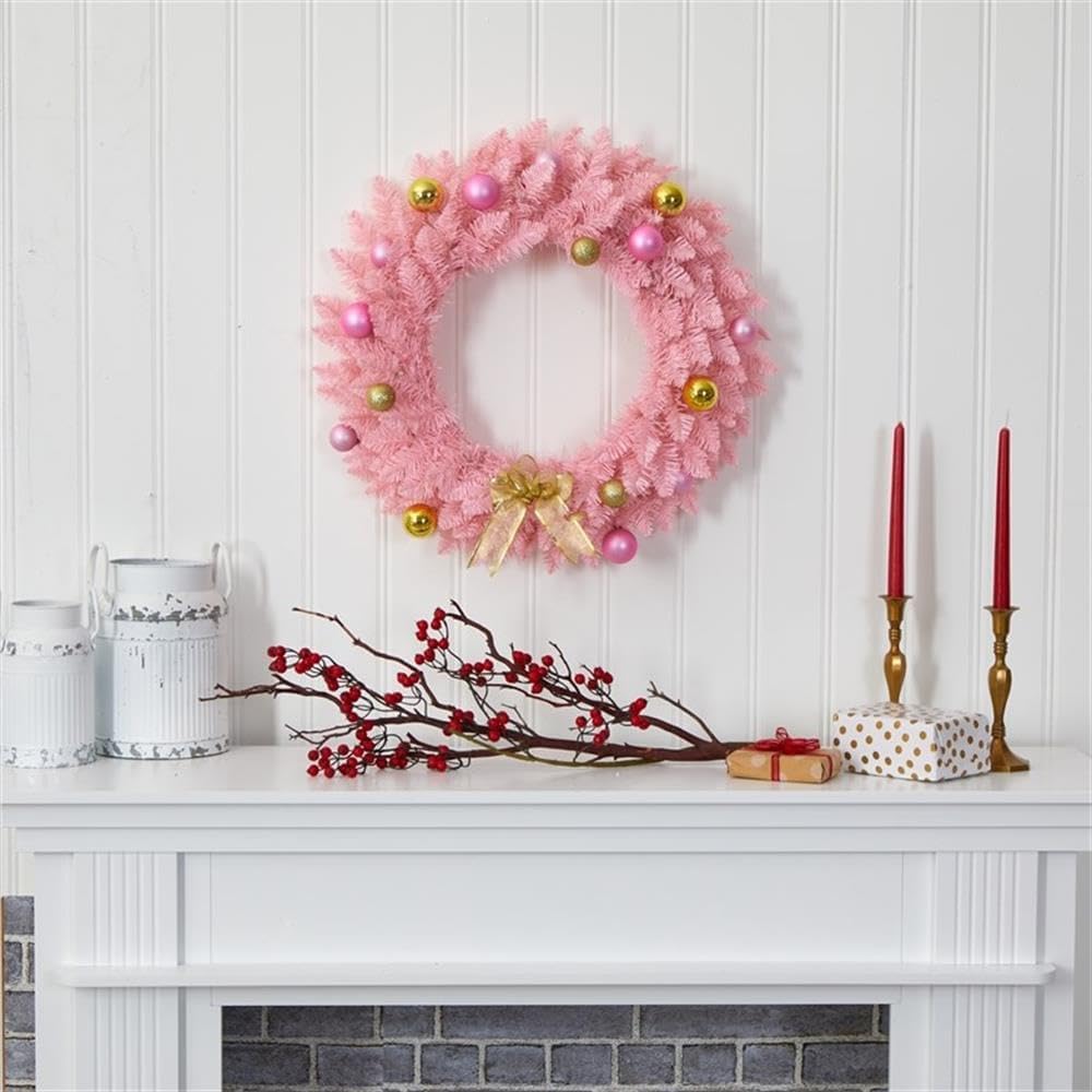 24" Pink Artificial Christmas Wreath with 35 LED Lights, Decorative Ornaments, Flocked Pastel Hue, Golden Bow