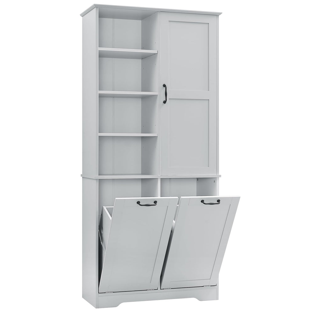 Tall Laundry Cabinet with 2 Tilt Out Laundry Hamper, Wood Bathroom Storage Cabinet with Doors and Adjustable Shelves