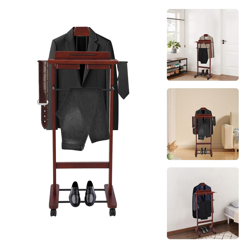 Clothes Valet Stand, Wood Valet Stand Suit Rack Stand with Drawer for Men/Women, Contour Hanger, Trouser Bar, Belt