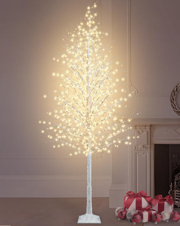 8FT Lighted Birch Tree 1440 LEDs Warm White Lights, 8 Modes Light Up White Artificial Christmas Twig Tree with Timer