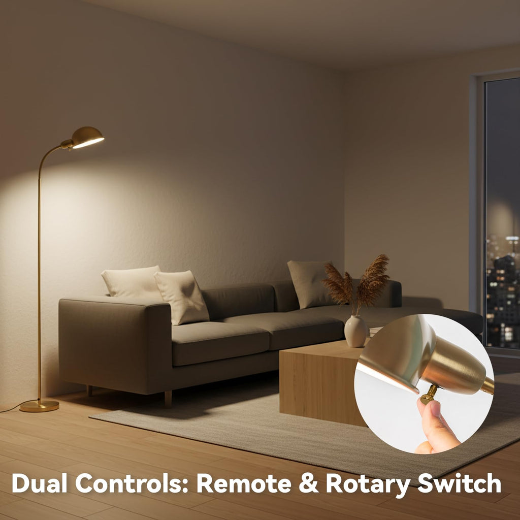 Modern Metal Dimmable Reading Floor Lamp with Remote, Gold‐Remote