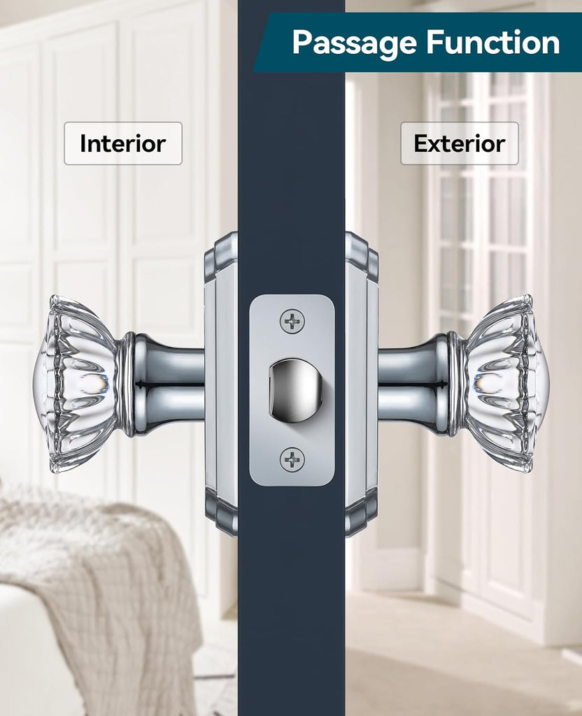 Glass Door Knobs, Passage Polished Chrome Door Knobs, 3 Pack