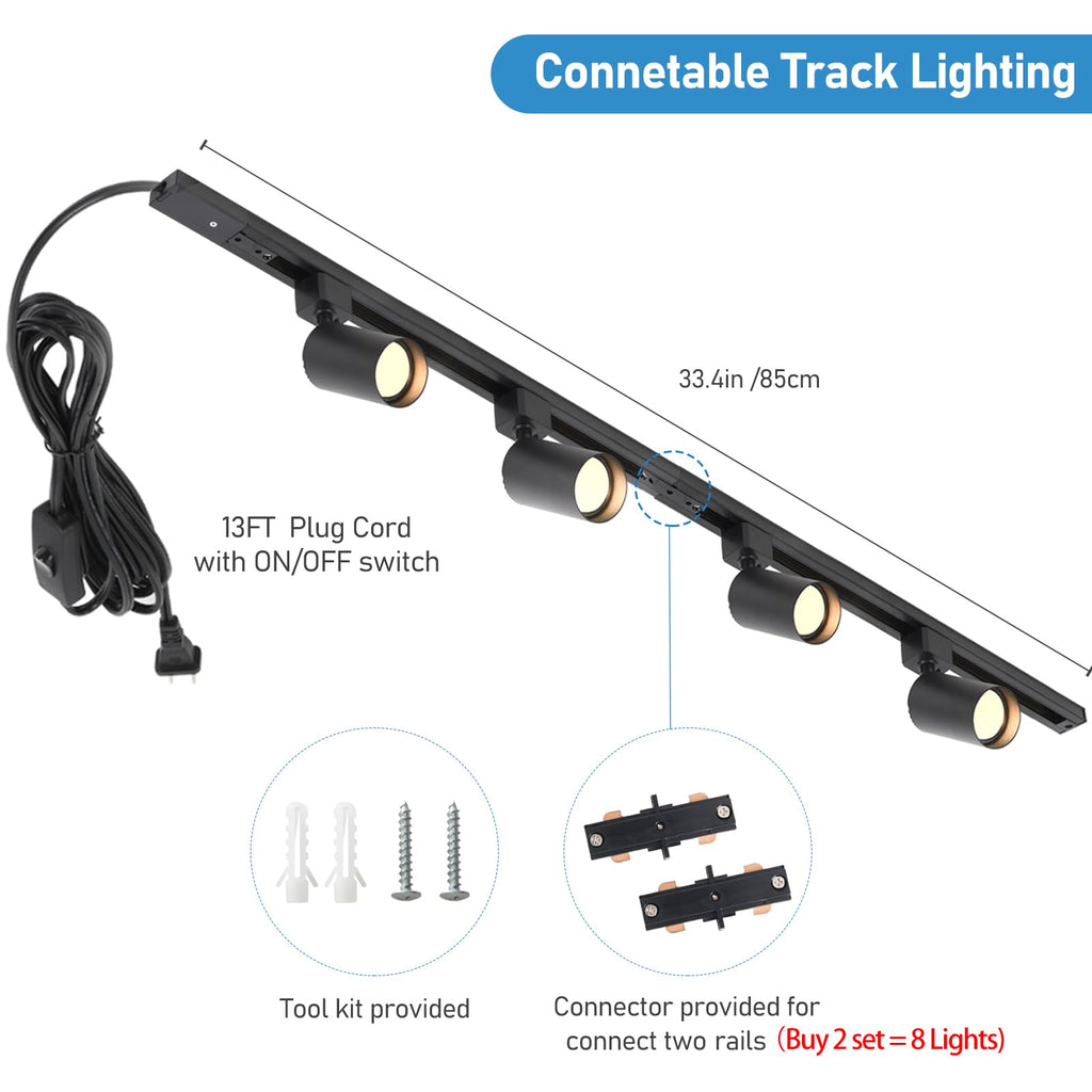 Plug in Track Lighting with Power Cord, 4-Light GU10 Track Lighting Kit with Track Rail, Modern Kitchen LED Track