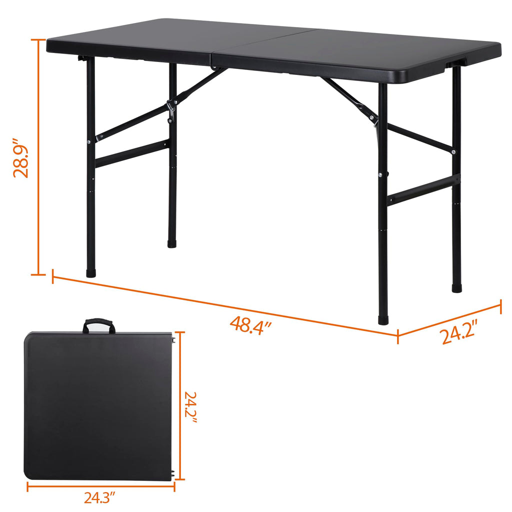 4ft Portable Folding Table Plastic Indoor Outdoor Picnic Party Camp Dining Table with Handle, Black