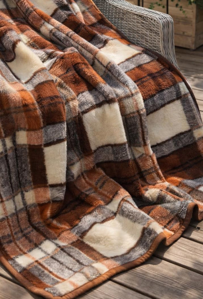 Bedding Blanket/Checked Throw Wool, Warm & Natural Big Blanket 98" x 79" Woolmark