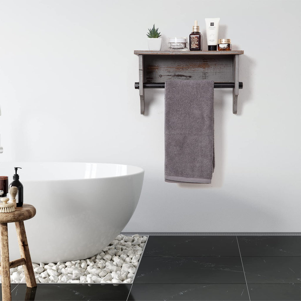 Wall Mounted Bathroom Towel Rack Torched Wood Rustic Brown Hanging Floating Shelf Industrial Black Metal Pipe Bar