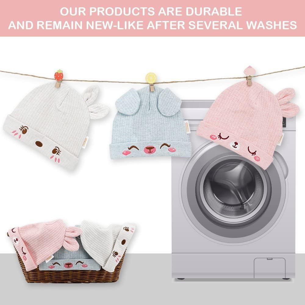 Organic Cotton Toddler Hat Set 3 Cute Animal Ears Design, Beanies for Baby Boys and Girls 0-6 Months, Pink