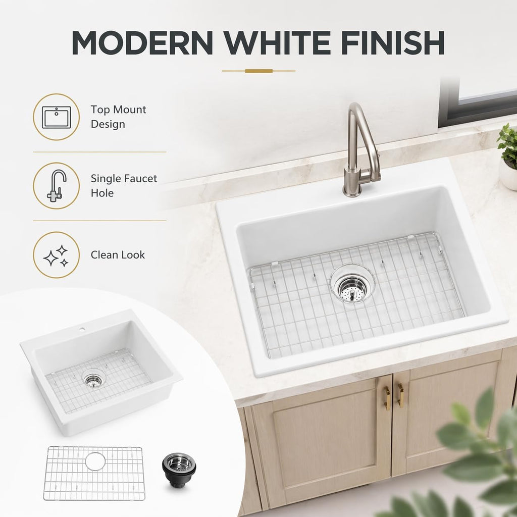30 Inch Ceramic Farmhouse Sink, White Apron Front Farm Sink 30"x22"x10", Deep Single Bowl Kitchen Sink with Stainless
