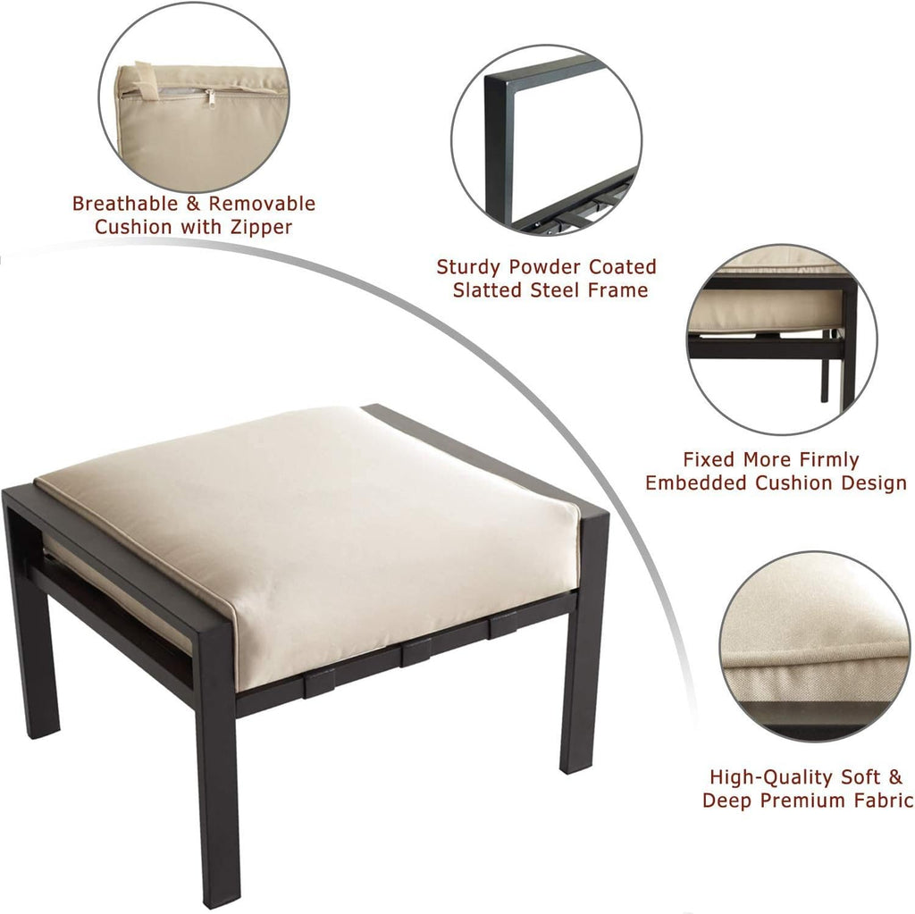 Ottoman Metal Footstool with Soft Thick Cushion Small Seat Outdoor Furniture for Garden Yard Deck, Beige