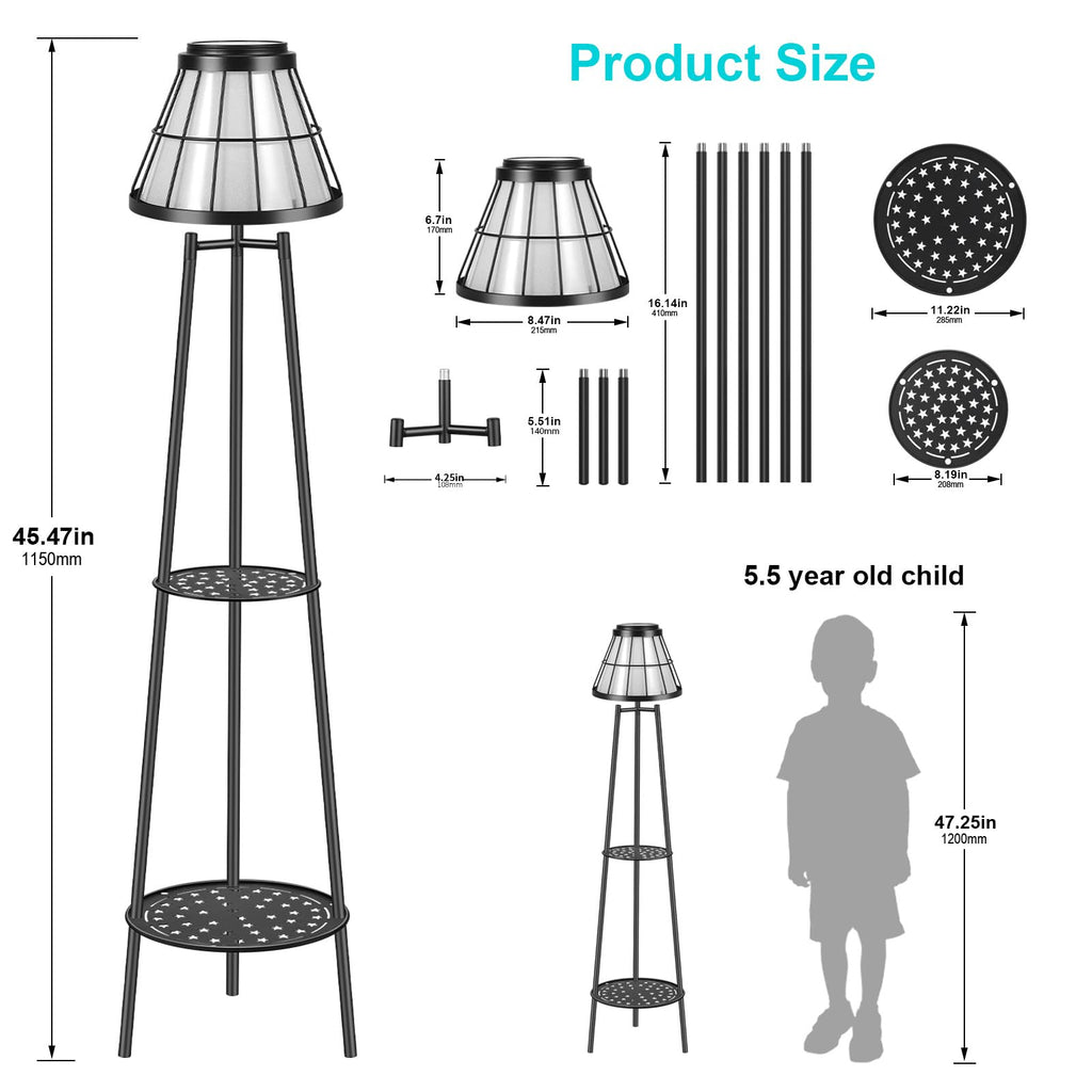 2-Tier Solar Plant Stand with Light, Modern Outdoor Floor Lamp with Classic Grid Lantern, Waterproof Tall Metal