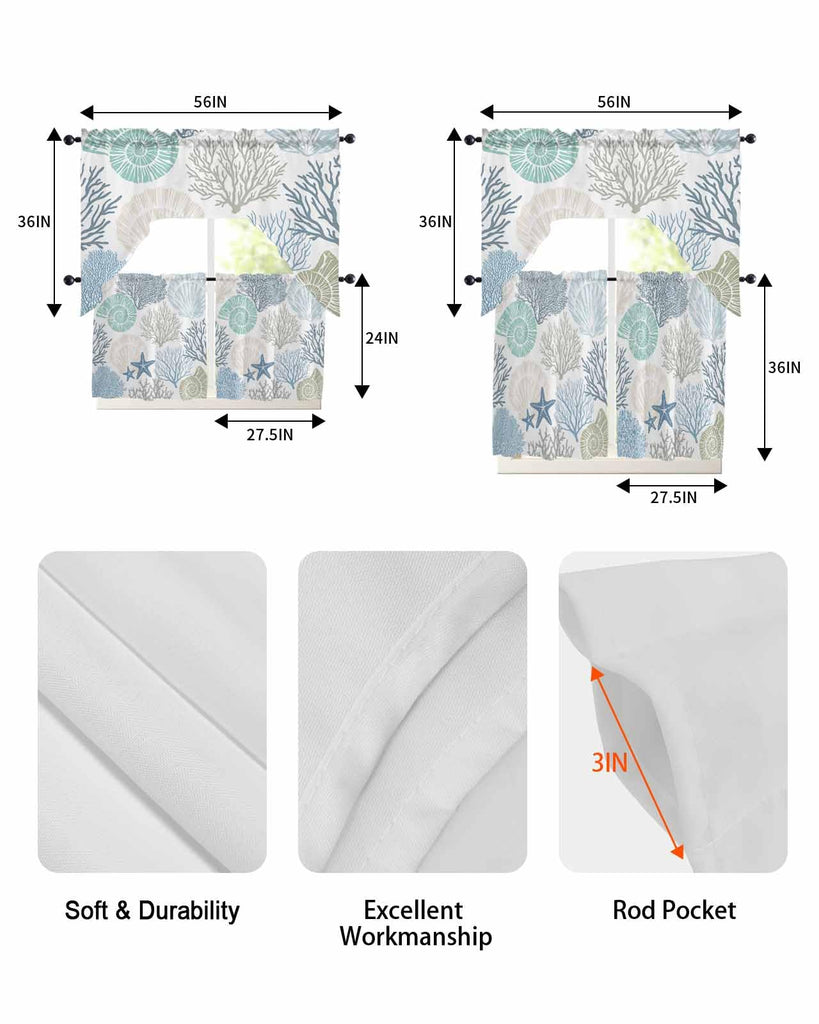 Kitchen Curtains Sets 24 Inch Length with Valance, Ocean Coral Seashell Starfish Abstract Swag Valances for Windows
