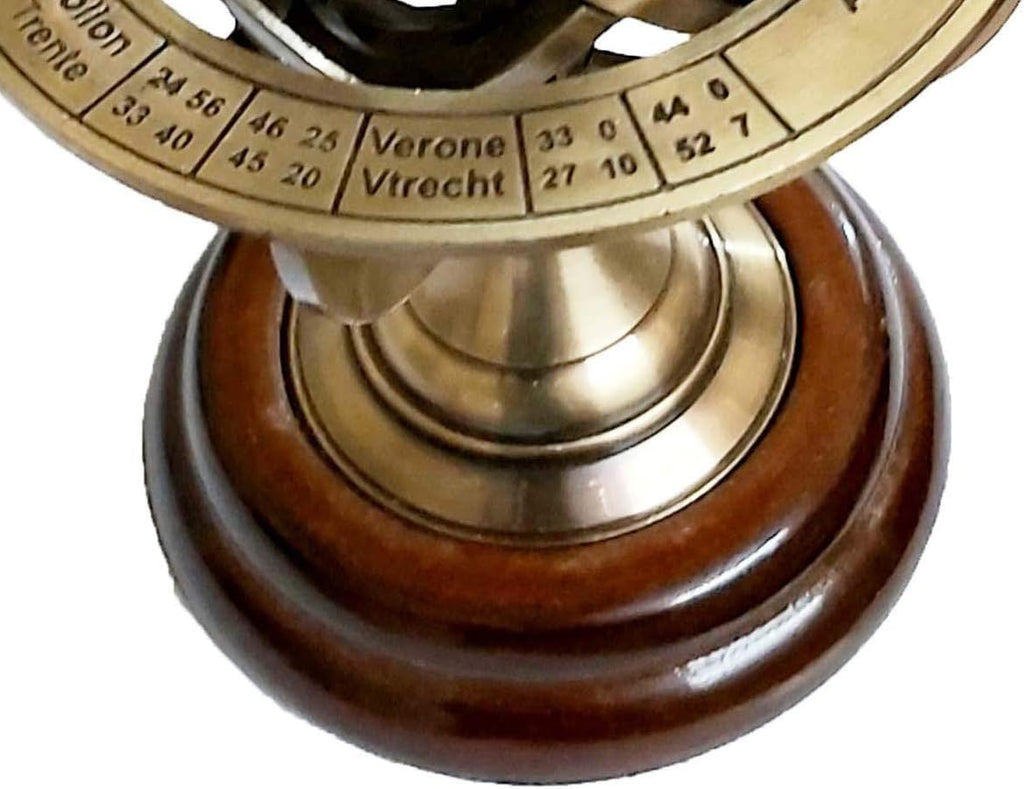 Armillary Astrolabe Sphere Showpiece, Brass and Wooden Base Engraved Brass Tabletop Armillary Nautical Sphere Globe