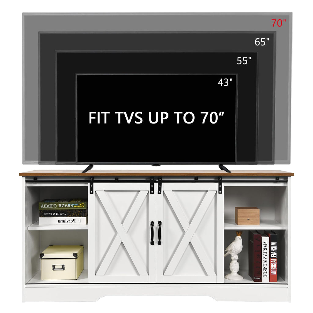 Farmhouse TV Stand for 65 Inch TV, Sliding Barn Doors, White