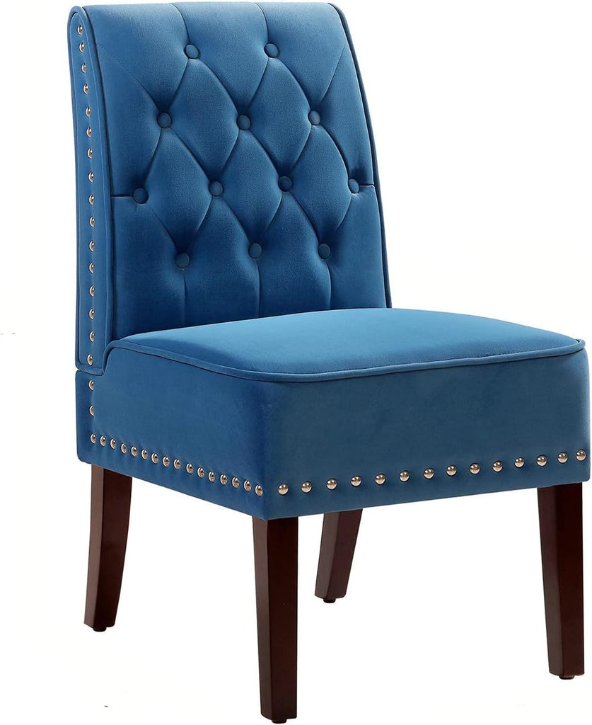 Blue Velvet Dining Chairs, DRM'SCUUM Comfy Dining Room Chairs, Soft Blue Velvet with Fabric Buttons and Nails