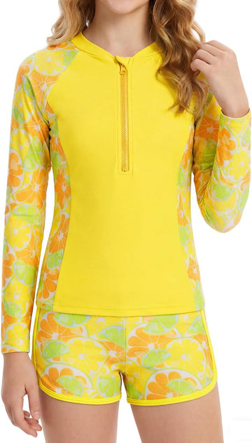 Girls Rash Guard Swimsuits Long Sleeve Swimsuit 2 Piece Bathing Suits UPF 50+ Zip Swimwear Boyshorts