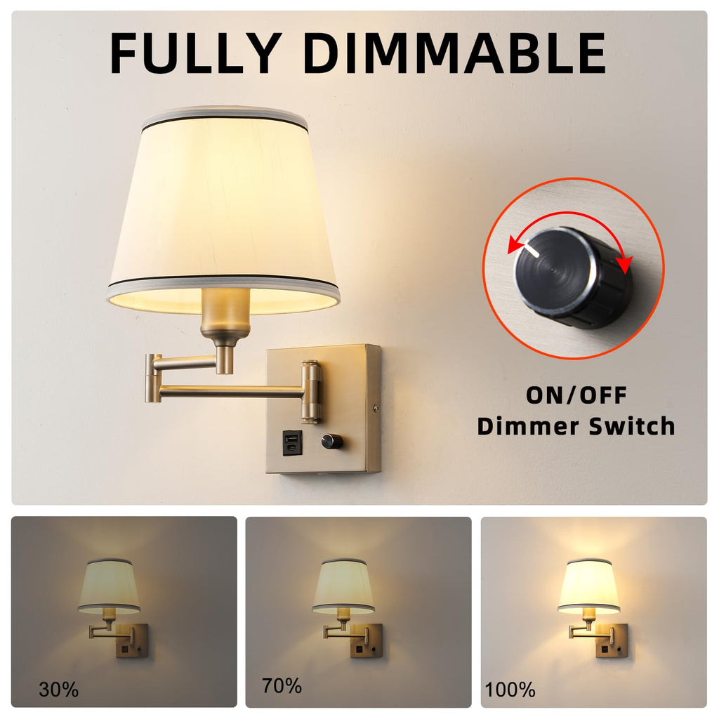 Plug-in Swing Arm Wall Sconce, Dimmable, Type-C & USB