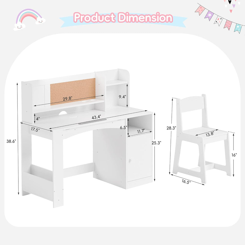 Kids Desk and Chair Set, Wooden Desk for Kids with Tiltable Desktop & Hutch, Kid Desk with Storage Cabinet, Study