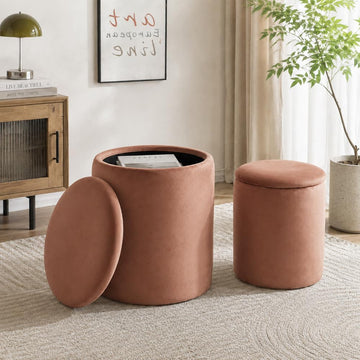 Round Storage Ottoman with Removable Lid, 2-Piece Upholstered Vanity Stool with Hidden Storage Space