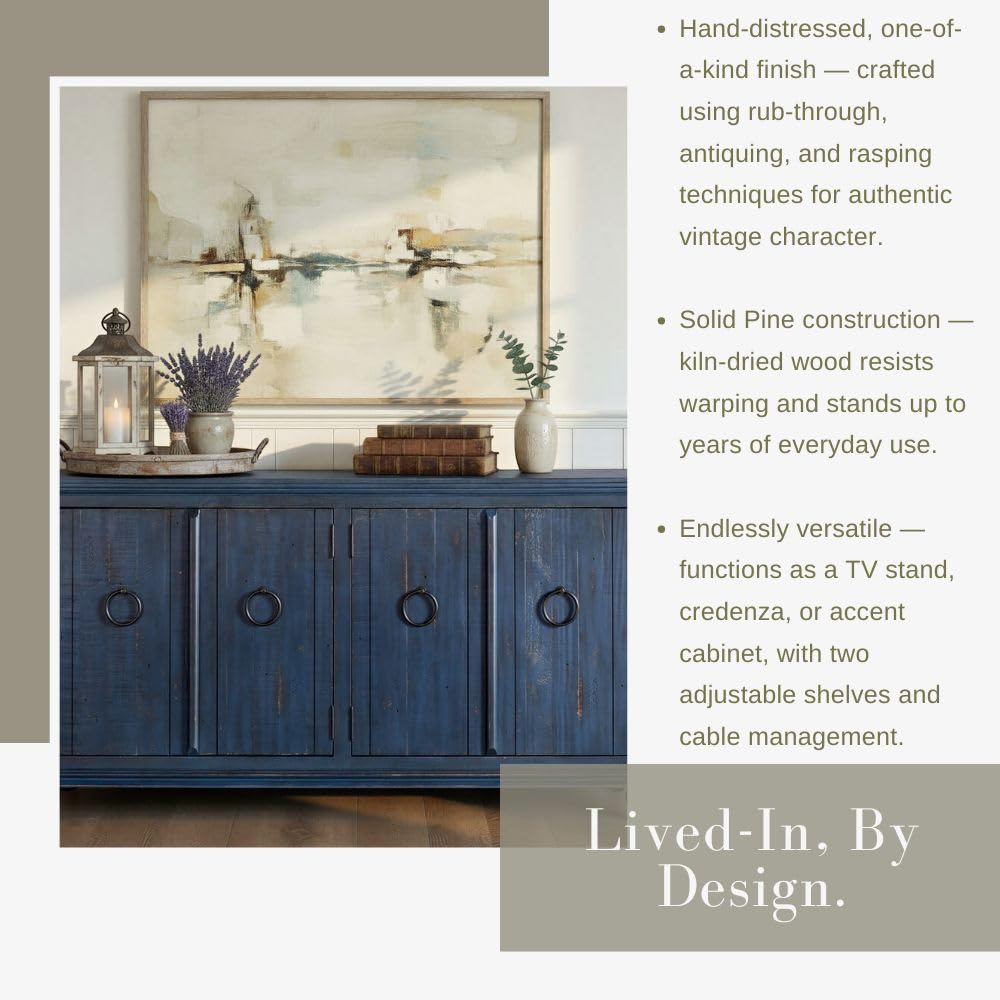 Garden District 65" Solid Wood TV Stand, Rustic Blue