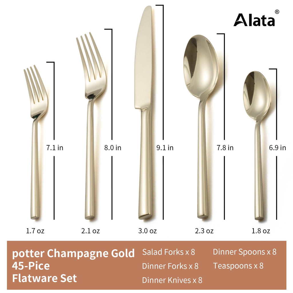 Potter Champagne Gold 45-Piece Forged Silverware Set with Utensil-Serving Set, Service for 8, Stainless Steel