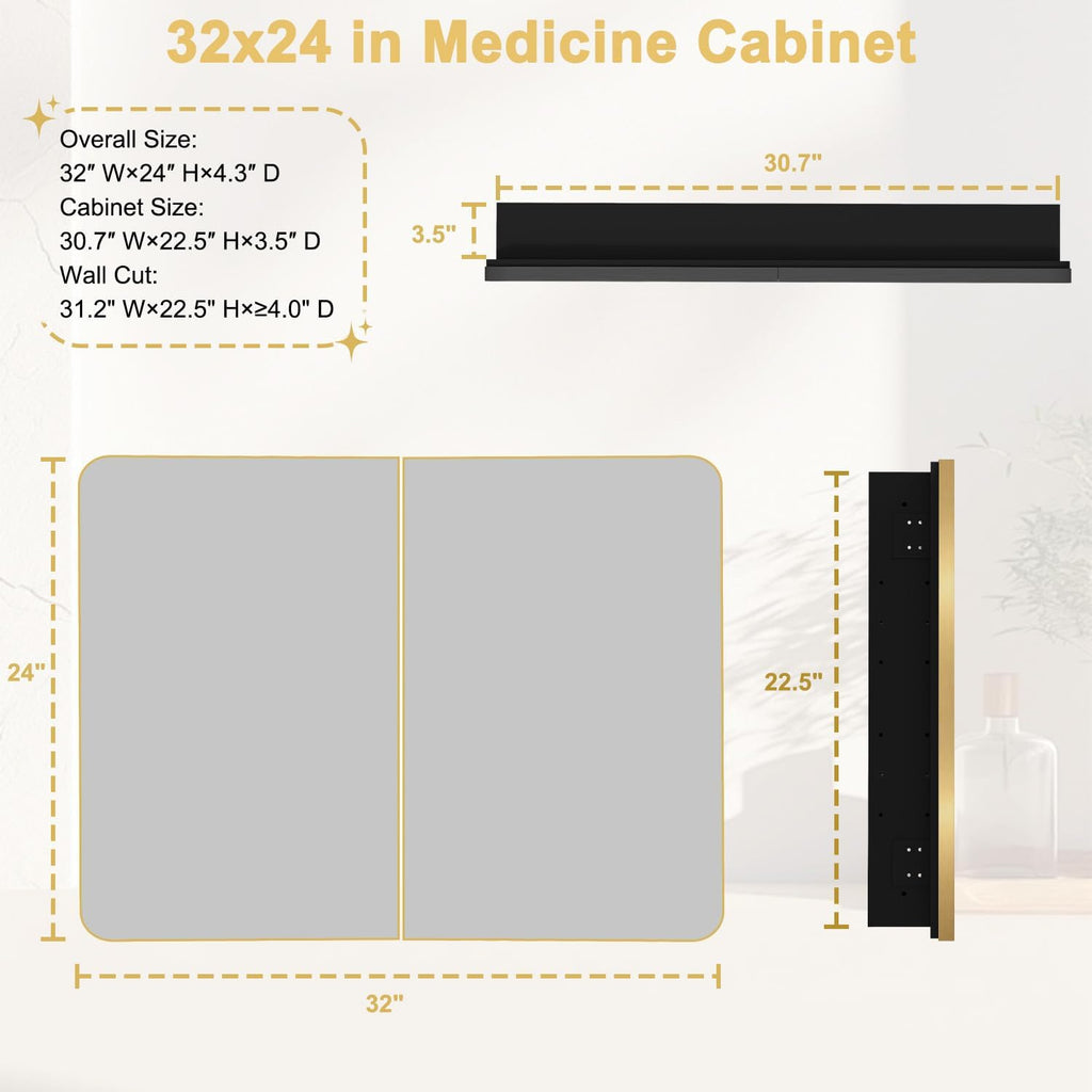 32x24 in Brushed Gold Double Door Medicine Cabinet with Mirror | Fully Assembled; Recessed or Surface Wall Mount;