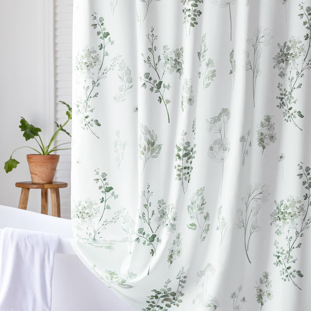 Extra Long 84 Inch Shower Curtains, Fabric Waterproof White and Sage Green Boho Floral Pattern Farm House