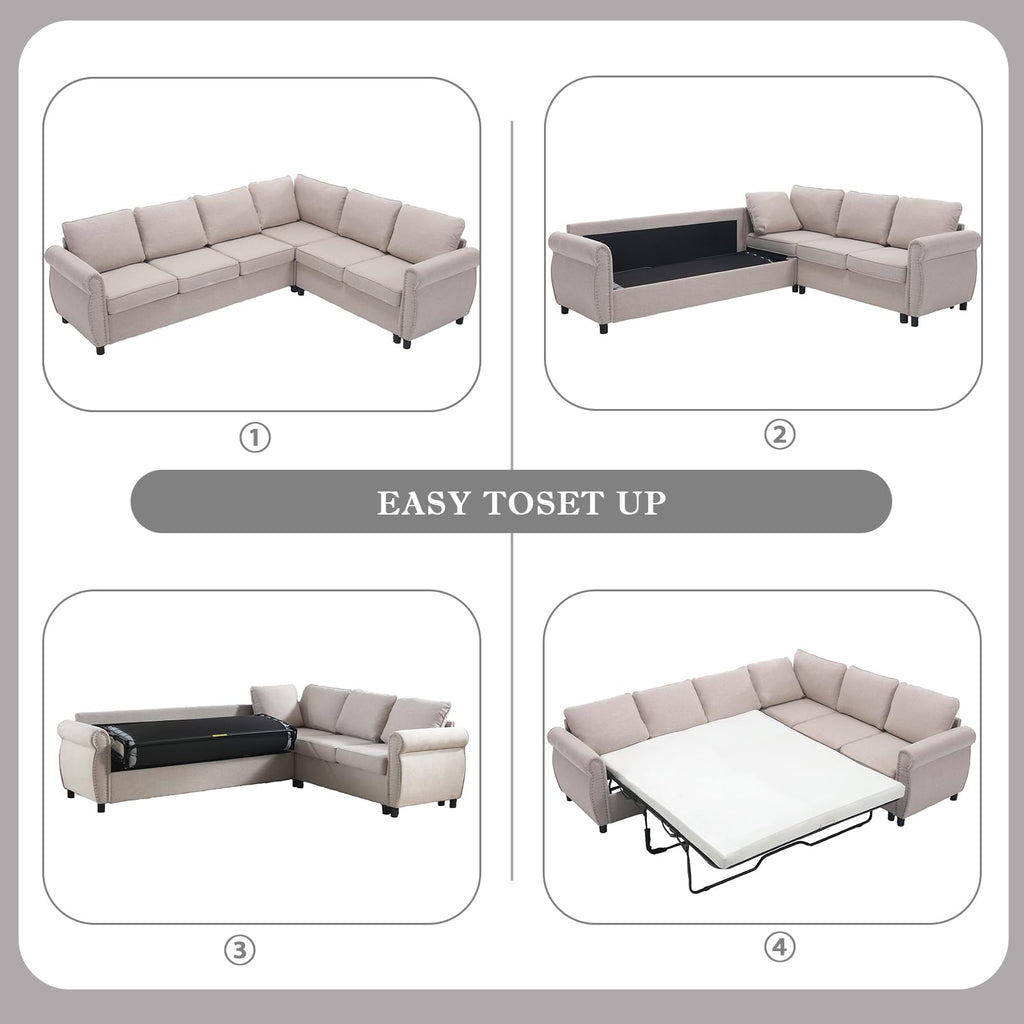 104" Sectional Sleeper Sofa Queen, L Shaped Couch with Pull Out Bed, Beige