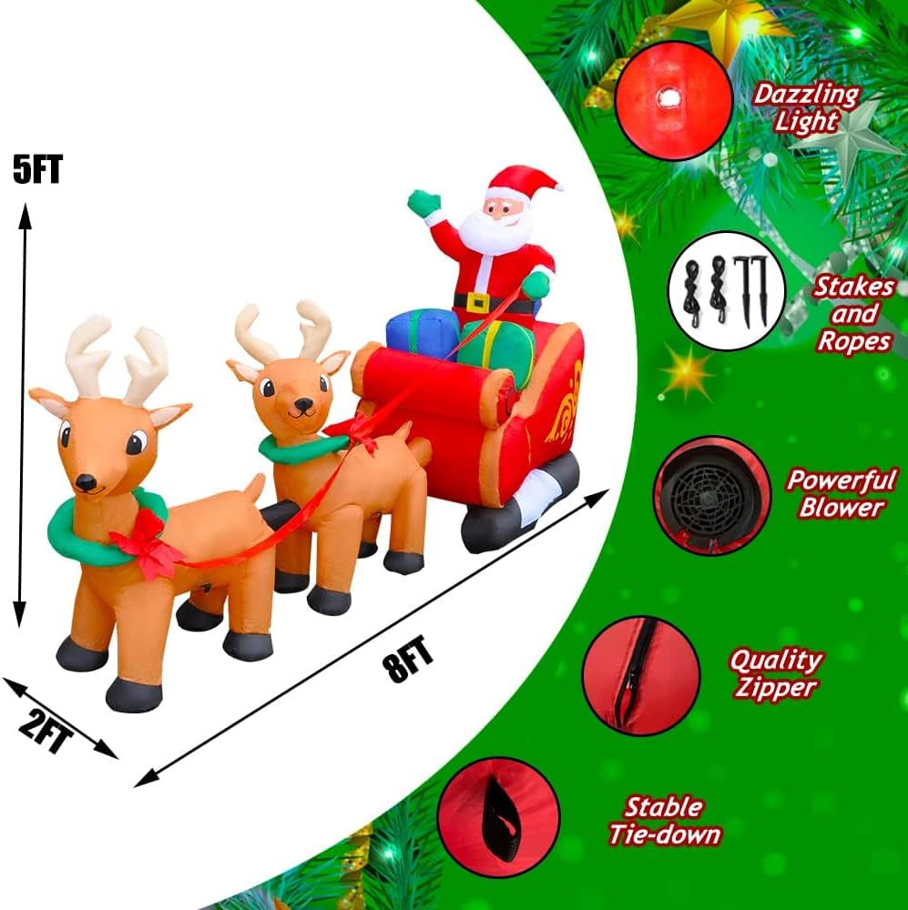8 Ft LED Inflatable Christmas Reindeer Pull The Sleigh Take Santa Claus Xmas Decoration for Yard Lawn Garden Home