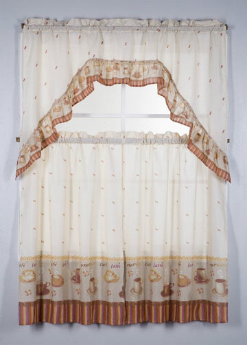3pc Printed Rod Pocket Kitchen Curtain Tier Swag Valance Set - Latte / 3 Piece Set 36"