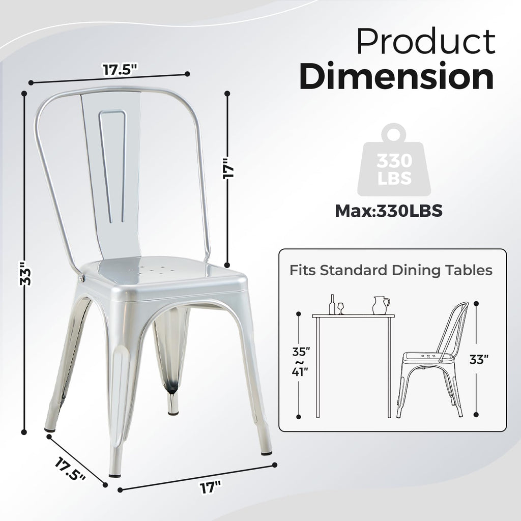 Metal with Backrest, Stackable, Silver, 8 Pack