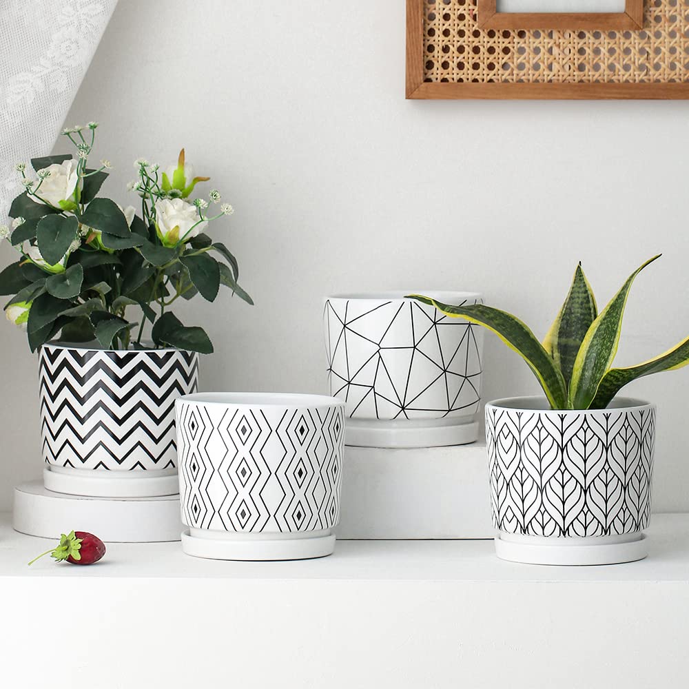 Plant Pots 5 Inch White Ceramic Flower Pots with Drainage Indoor Planters