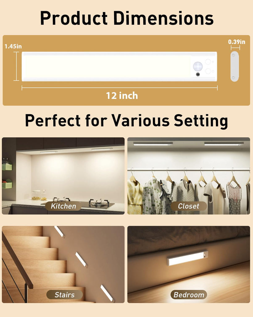 12'' Under Cabinet Lighting, with Remote Rechargeable Wireless Motion Sensor Lights Indoor 3 Color/5 Levels Dimmable