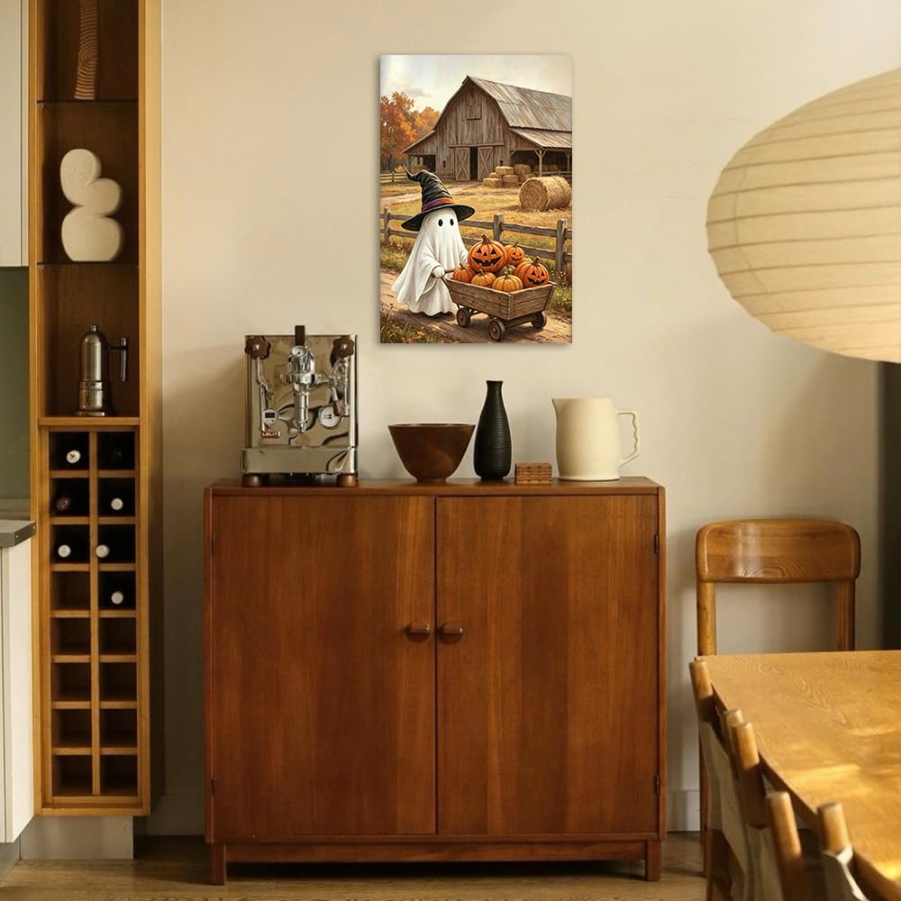 Autumn Halloween Wall Art - Cozy Ghost in a Sheet and Witch Hat Pushing a Wooden Wagon Full of Pumpkins - Rustic Barn