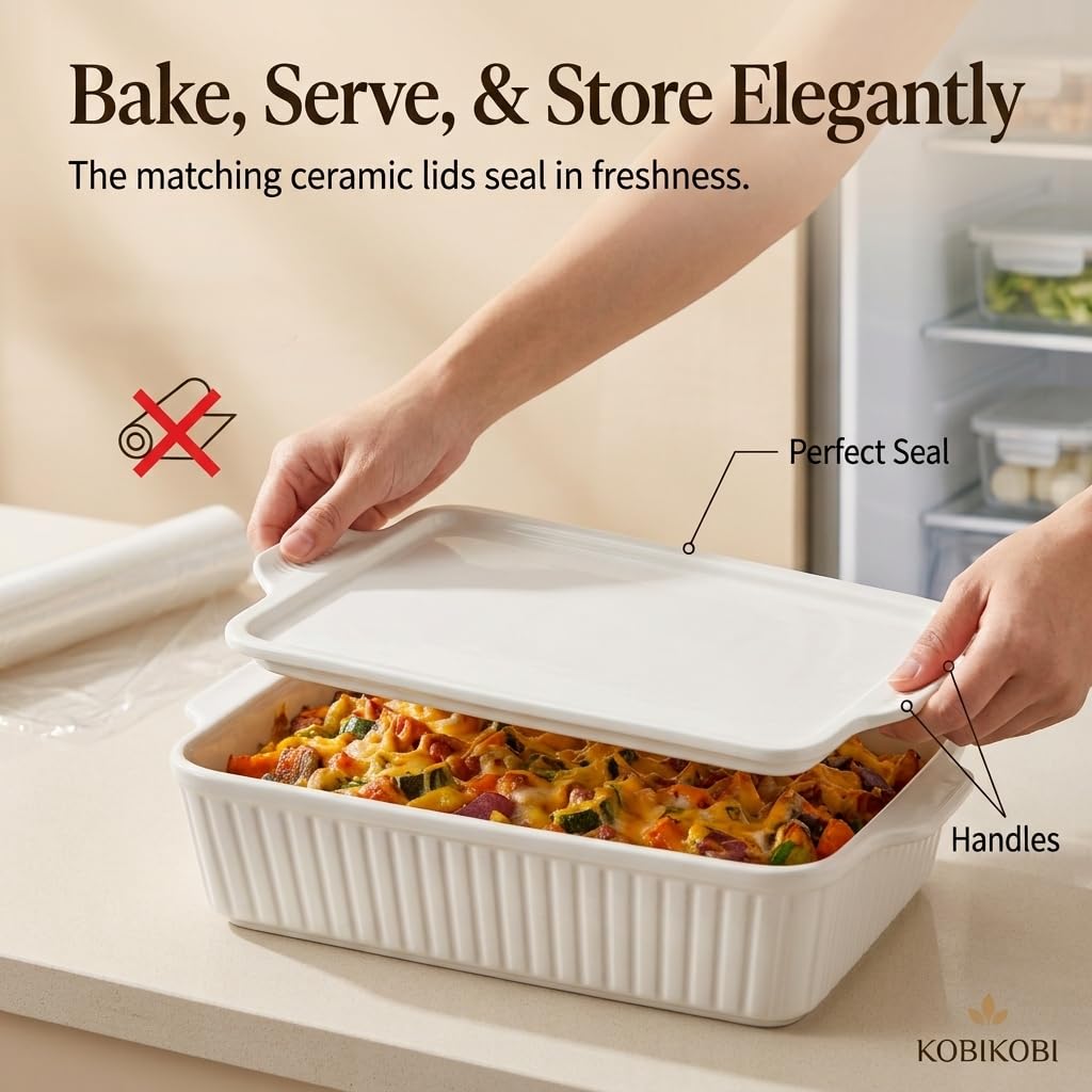 Rectangular Ceramic Baking Dish Set with Lids, Casserole Dishes for Oven