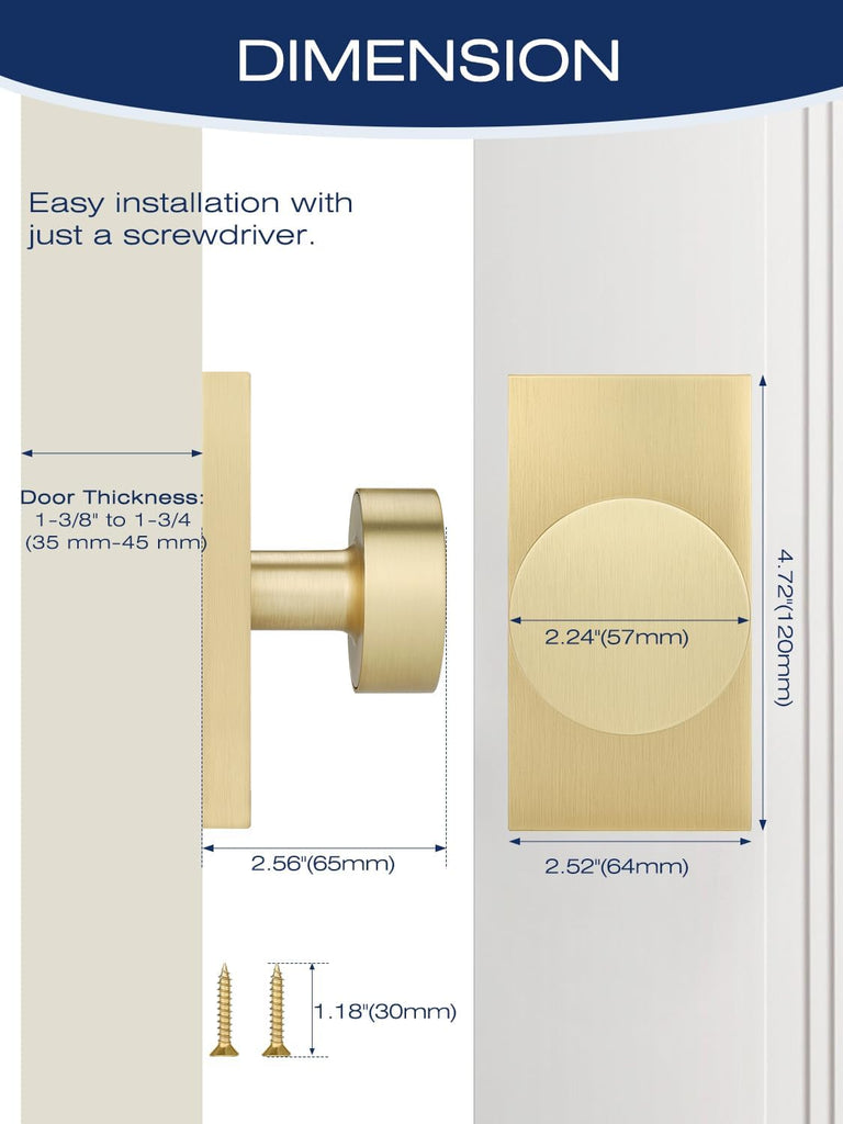 1 Pack Gold Door Knobs Interior, Single-Sided Dummy Door Knob