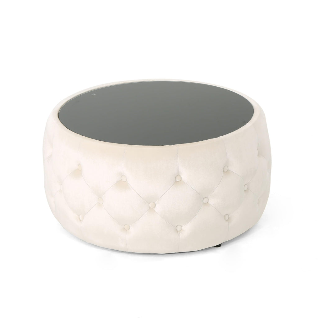 30" Round Velvet Ottoman Coffee Table, Button Tufted Coffee Table with Tempered Glass Top Modern Upholstered Tufted