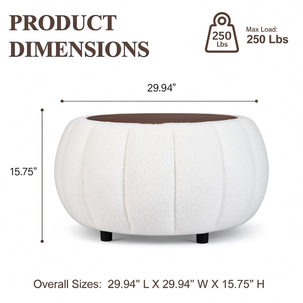 30 Inches Round Ottoman Coffee Table with Storage, Upholstered Ottoman in Boucle Teddy Fabric, Wooden Top As Tray