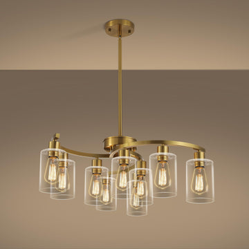 9-Light Gold Glass Chandelier, Adjustable Height Dining Room Light Fixtures Over Table, Contemporary Hanging