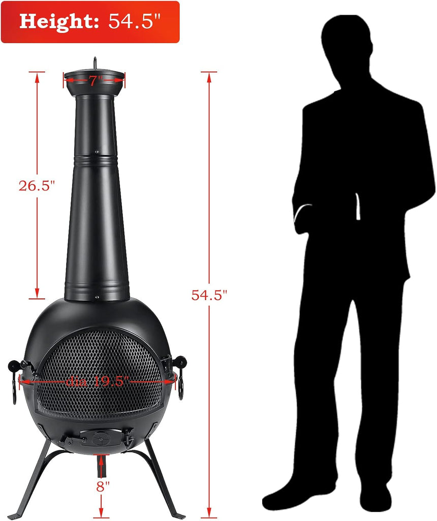 Prairie Fire Outdoor Chiminea Fireplace Deck or Patio Backyard Wooden Fire Pit with Chiminea Cover Rust-Free Iron Black