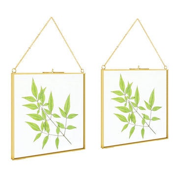 2 PCS 8x8 inch Brass Hanging Photo Frame, Double Glass Frame for Pressed Flowers, Clear DIY Vintage Artwork Display