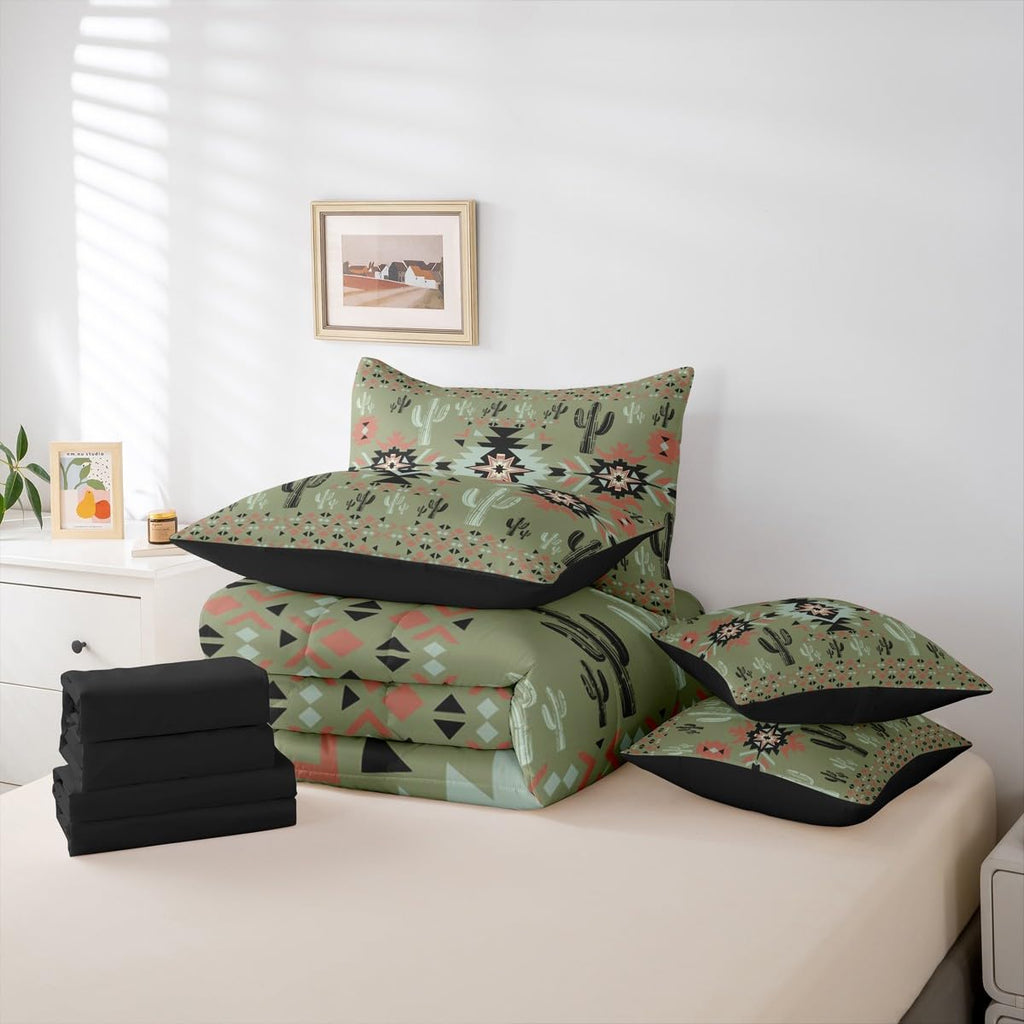 Khaki Southwestern Aztec Comforter Set with Sheets 7 Piece Full
