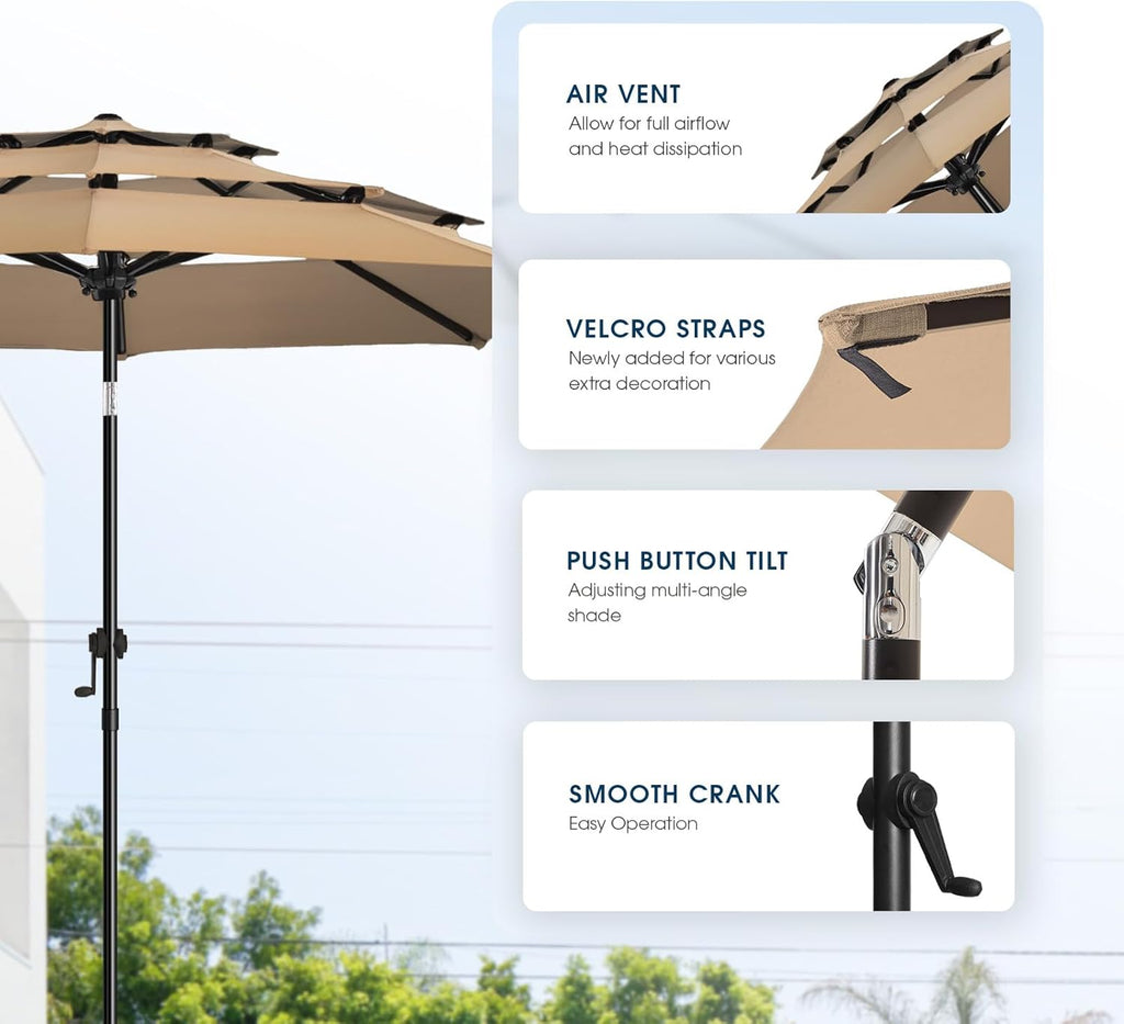 9ft 3-Tier Patio Umbrella Outdoor Table Market Umbrella with Push Button Tilt/Crank