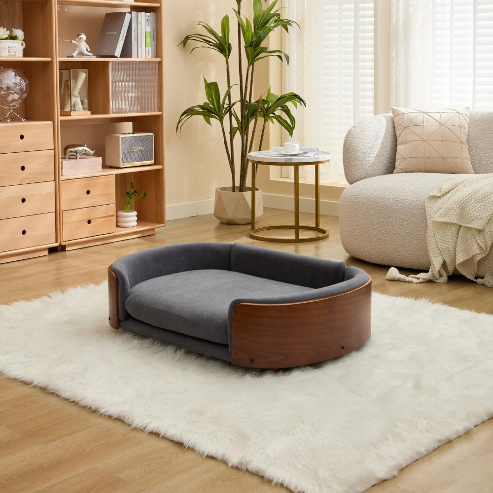 Dog Bed Scandinavian Style, Pet Sofa with Solid Wood Legs & Bent Wood Back, Velvet Cushion Dog Couch with Washable