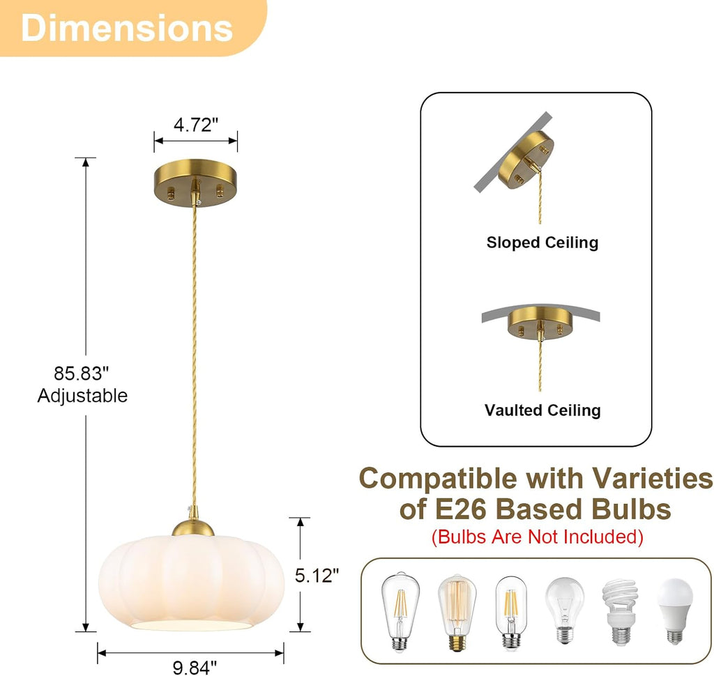 9.84" Mid-Century Modern Pendant Lights Kitchen Island,1-Light Brushed Gold Kitchen Light Fixtures with Opal Milky
