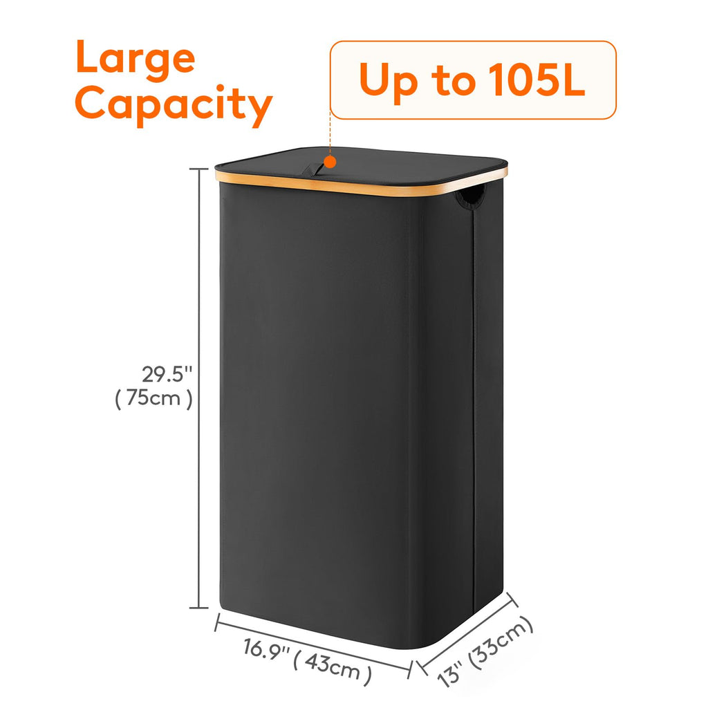 105L Large Laundry Basket with Lid, Removable Bags, Black