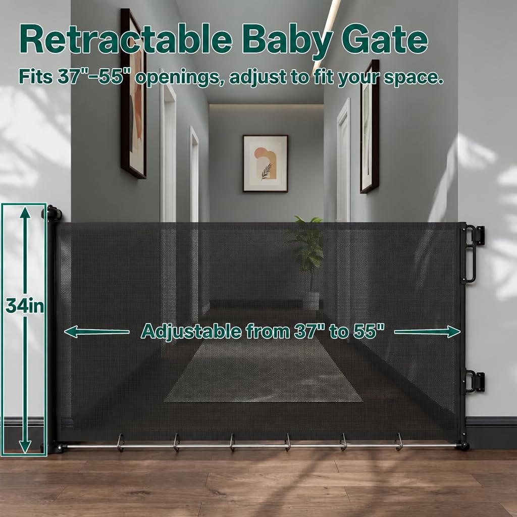 37-55" Retractable Baby Gates for Stairs & Doorways, Black
