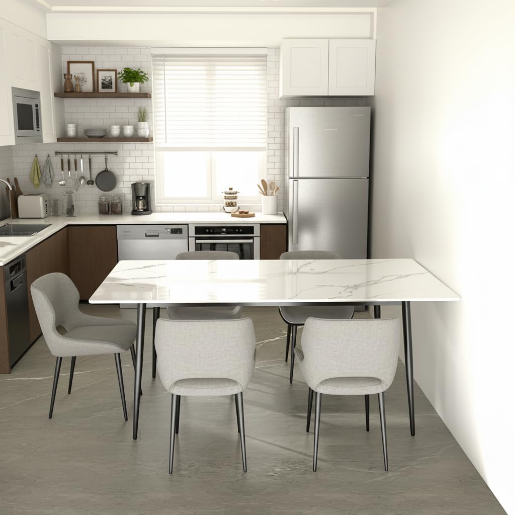 63" Modern Dining Table, Sintered Stone Kitchen Table for 4-6 peoples, White Sintered Stone Dining Tabletop with